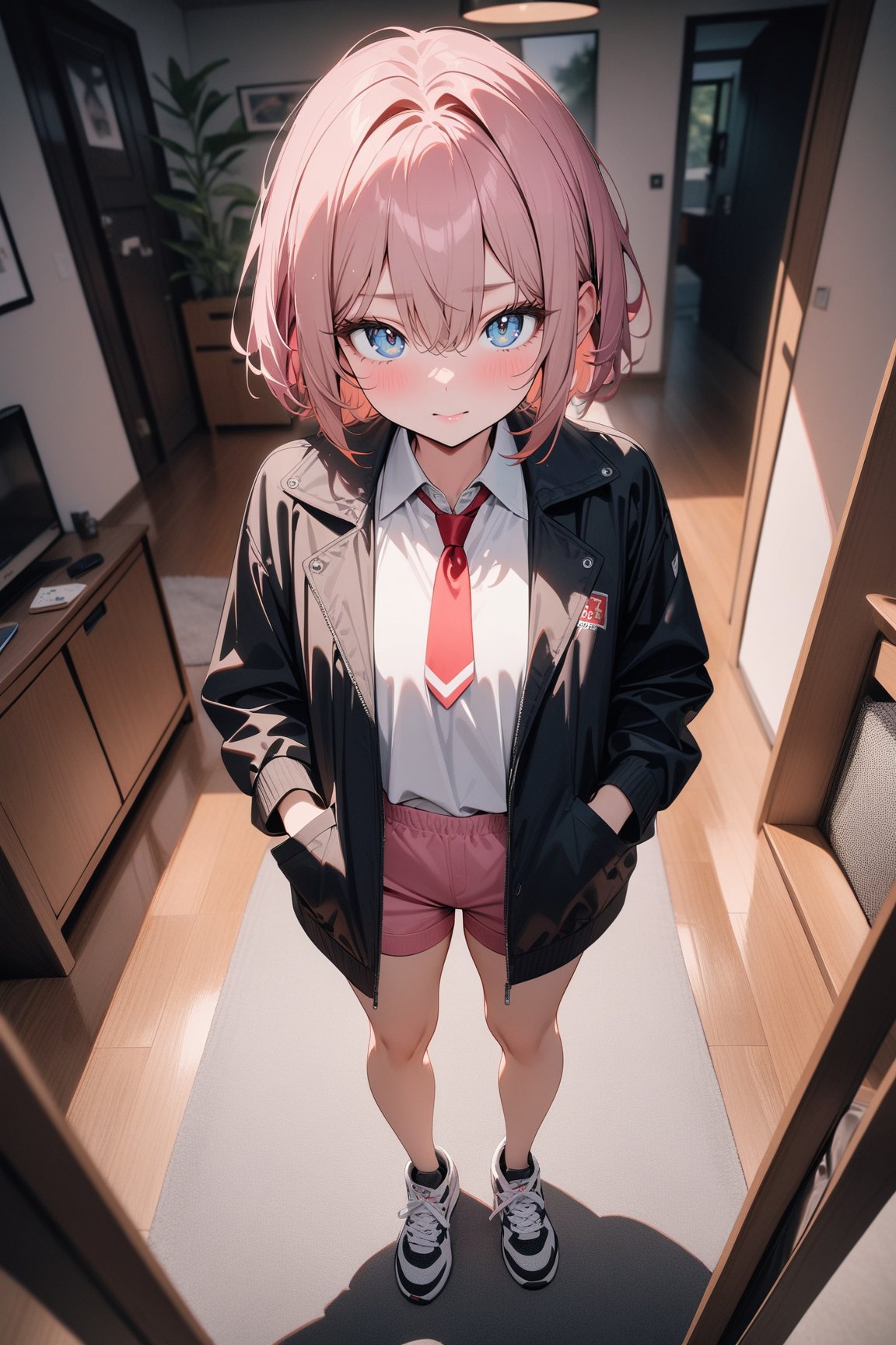 1girl, pale, pink hair, short hair, hair between eyes, black jacket, red necktie, white shirt, pink shorts, sneakers, standing, outside, living room, indoor, [fisheye lens:: 3], masterpiece, best quality, absurdres, very aesthetic, newest, General