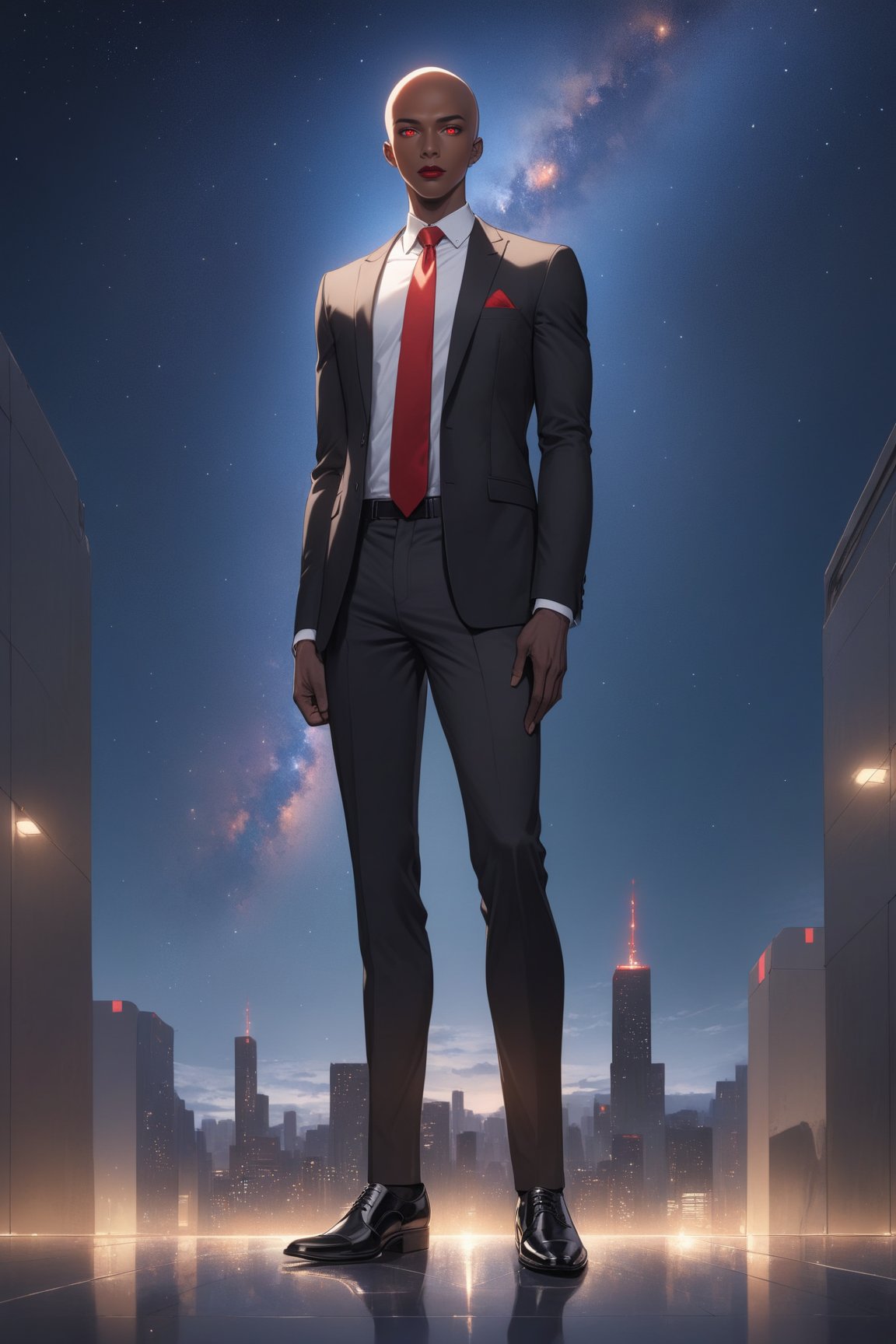 masterpiece, best quality 1boy, dark skin, slim, bald, forehead, black jacket, red necktie, white shirt, black skinny pants, formal shoes, standing, outside, starry sky