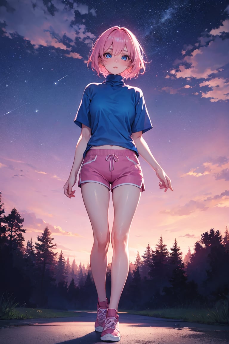 masterpiece, best quality, 1girl, pale, pink hair, short hair, hair between eyes, blue shirt, turtleneck, short sleeve, pink shorts, sneakers, standing, outside, pink sky, starry sky, pastel colors