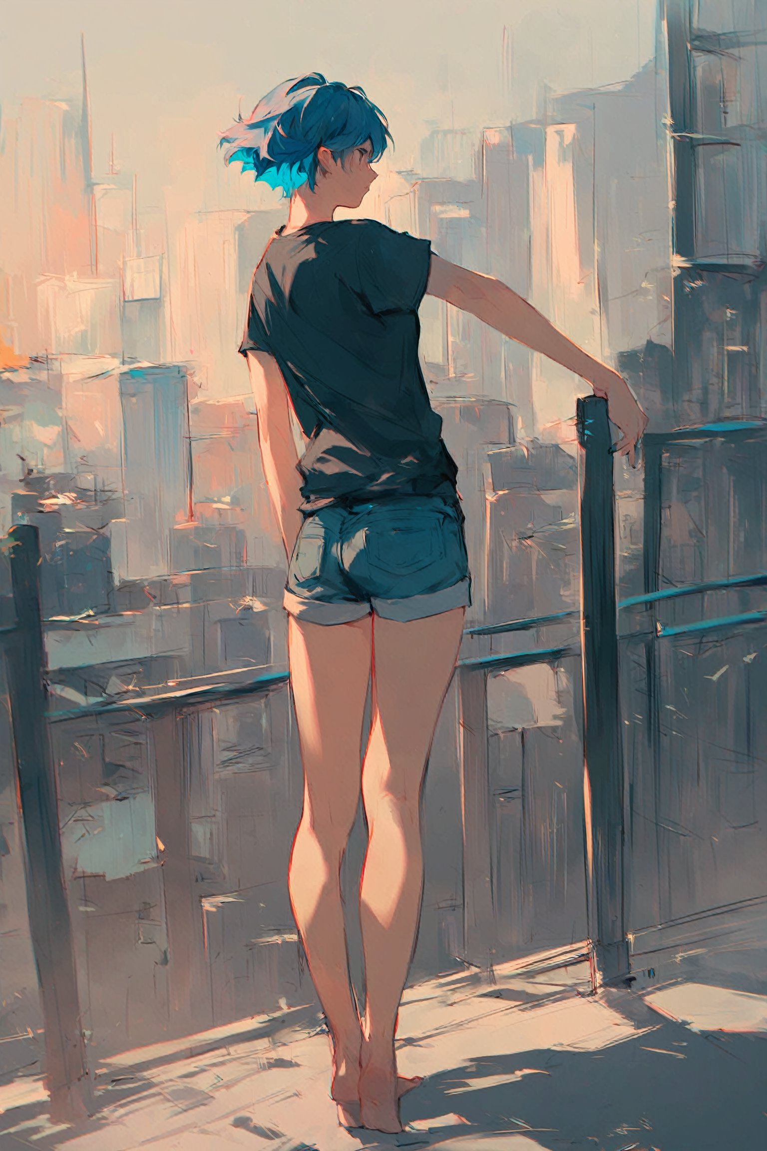 score_9_up, score_8_up, score_7_up, score_6_up, source_anime, high quality, 1girl, blue hair, short hair, shirt, short sleeve, shorts, barefeet, standing, dynamic pose, city, colorful details, ultra details