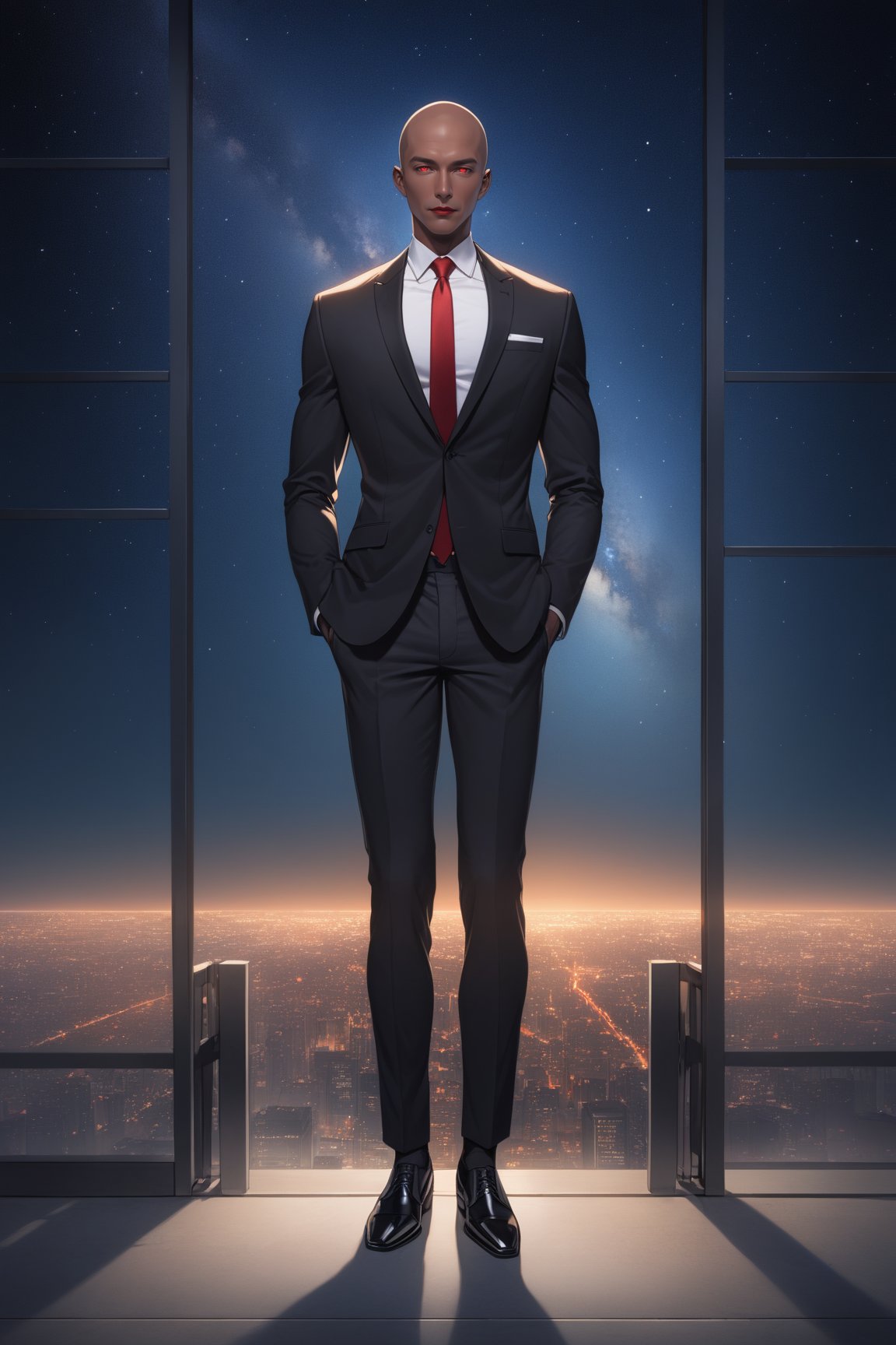 masterpiece, best quality 1boy, dark skin, slim, bald, forehead, black jacket, red necktie, white shirt, black skinny pants, formal shoes, standing, outside, starry sky