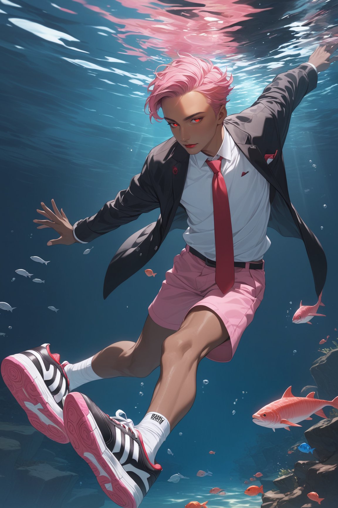 masterpiece, best quality 1boy, dark skin, pink hair, short hair, forehead, black jacket, red necktie, white shirt, pink shorts, sneakers, swimming, underwater