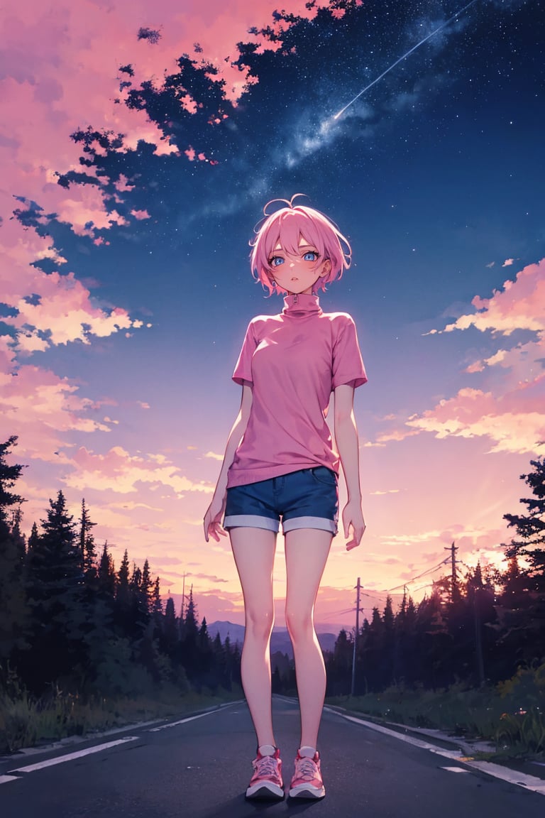 masterpiece, best quality, 1girl, pale, pink hair, short hair, hair between eyes, pink shirt, turtleneck, short sleeve, blue shorts, sneakers, standing, outside, pink sky, starry sky, pastel colors