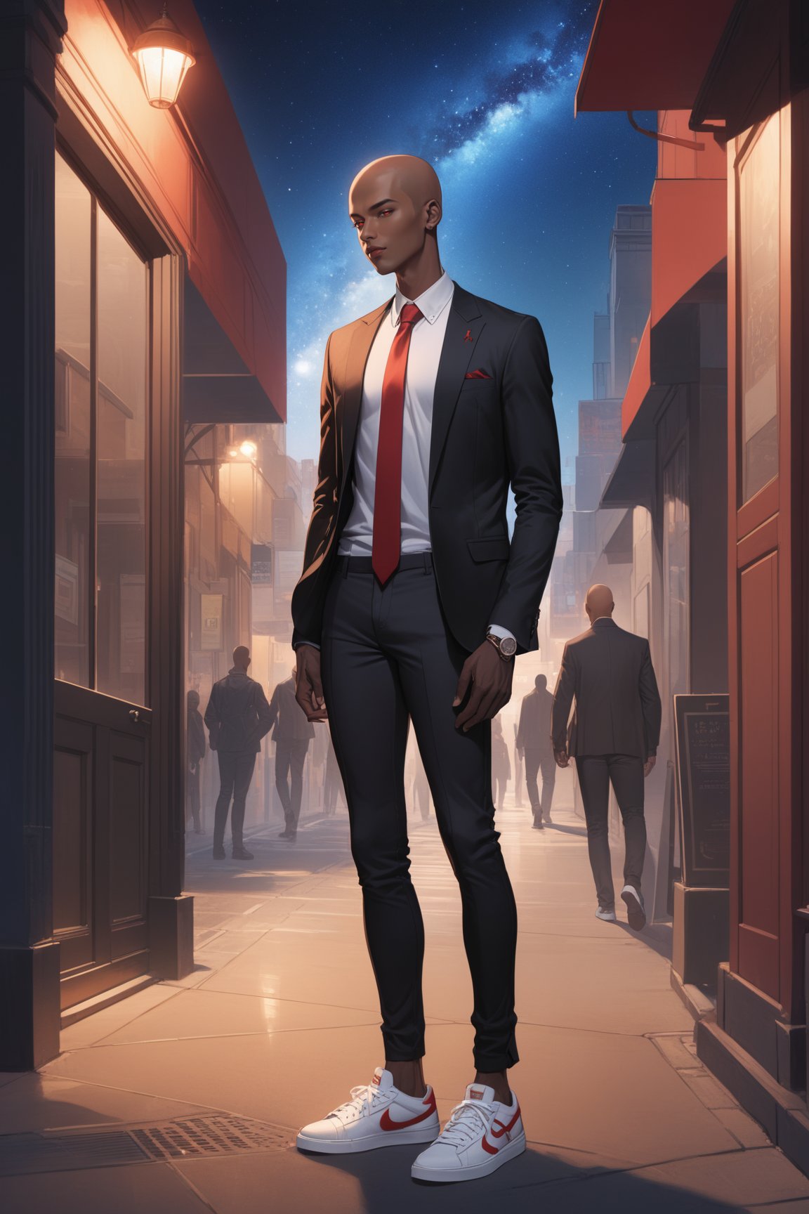 masterpiece, best quality 1boy, dark skin, slim, bald, forehead, black jacket, red necktie, white shirt, skinny pants, sneakers, standing, outside, starry sky