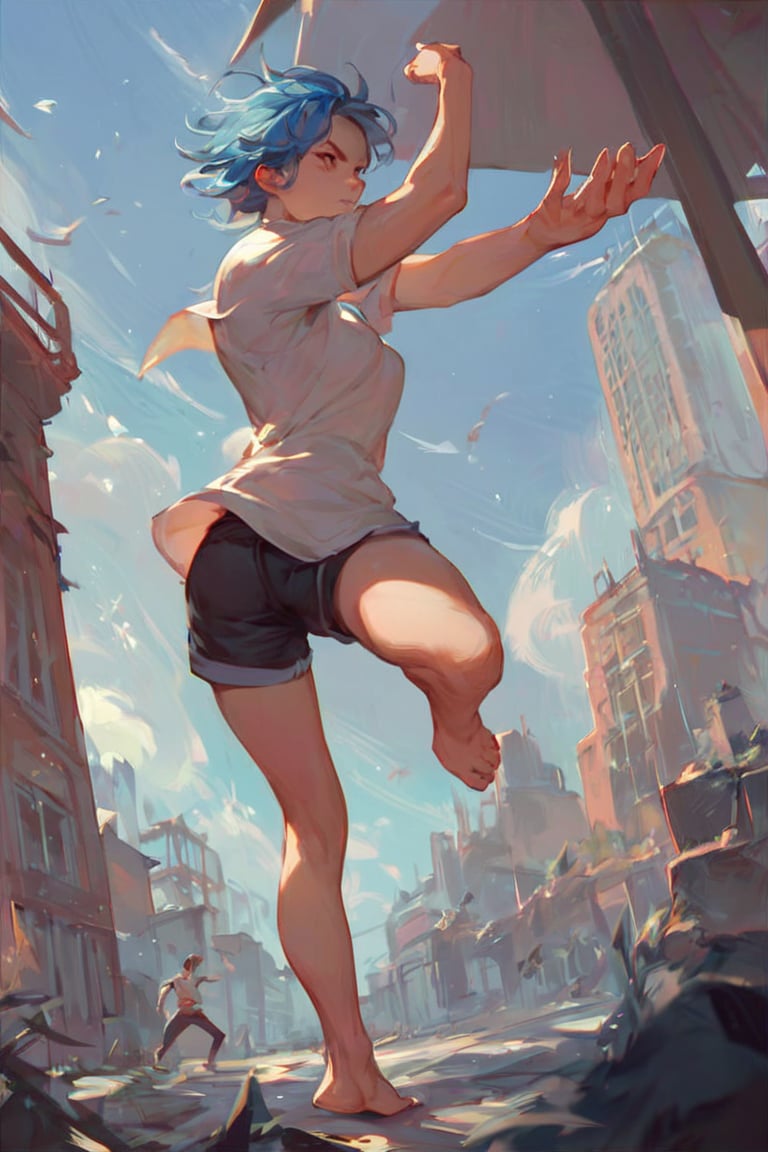 score_9_up, score_8_up, score_7_up, score_6_up, high quality, 1girl, blue hair, short hair, shirt, short sleeve, shorts, barefeet, fighting pose, dynamic pose, city, in the sky