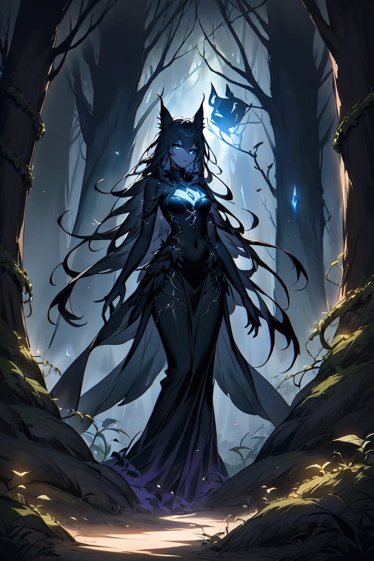 A shadowy figure with a humanoid torso and amalgamated animalistic limbs emerges from an aura of dark mist. Shadowy tendrils writhe around its body like living vines. Eyes aglow with malevolent intent, the being's human-like features are shrouded in darkness. Sorcery-laced shadows swirl around it, amplifying its eerie presence as it moves through a foreboding desert clearing, the only light coming from an otherworldly glow emanating from within.,glowneon