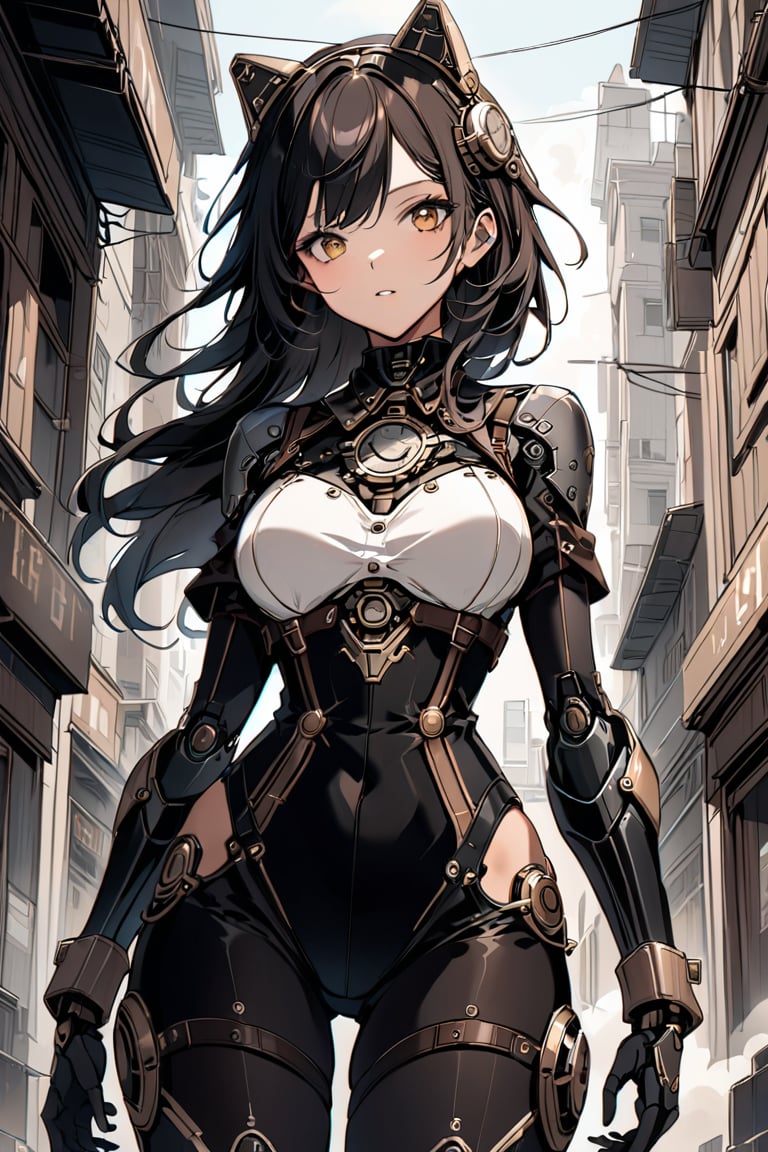 a clouseup shot of a humanoid android girl steam punk style, in a destoyed city, her face and body part are mechanical. 