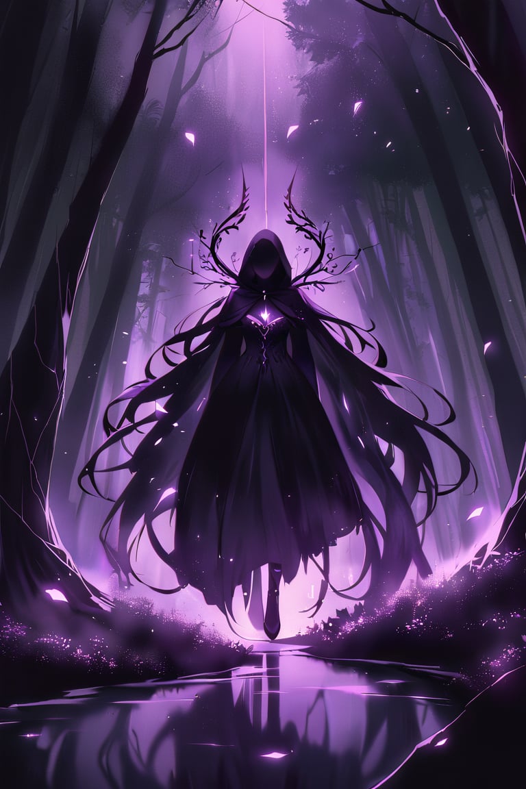 A shadowy figure with a humanoid torso and amalgamated animalistic limbs emerges from an aura of dark mist. Shadowy tendrils writhe around its body like living vines. Eyes aglow with malevolent intent, the being's human-like features are shrouded in darkness. Sorcery-laced shadows swirl around it, amplifying its eerie presence as it moves through a foreboding forest clearing, the only light coming from an otherworldly glow emanating from within.,glowneon