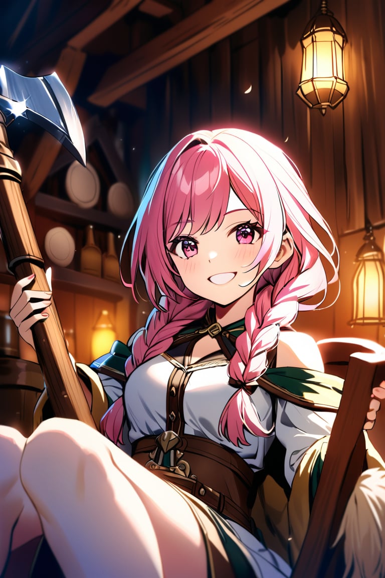 A close-up shot of a dwarves girl, her bright pink hair styled in messy braids, proudly holds a massive battle-axe on her lap as she celebrates amidst the warm glow of a rustic tavern. The axe's intricate carvings glint under the soft lighting, while the girl's mischievous grin hints at tales of adventure and ale-fueled revelry.