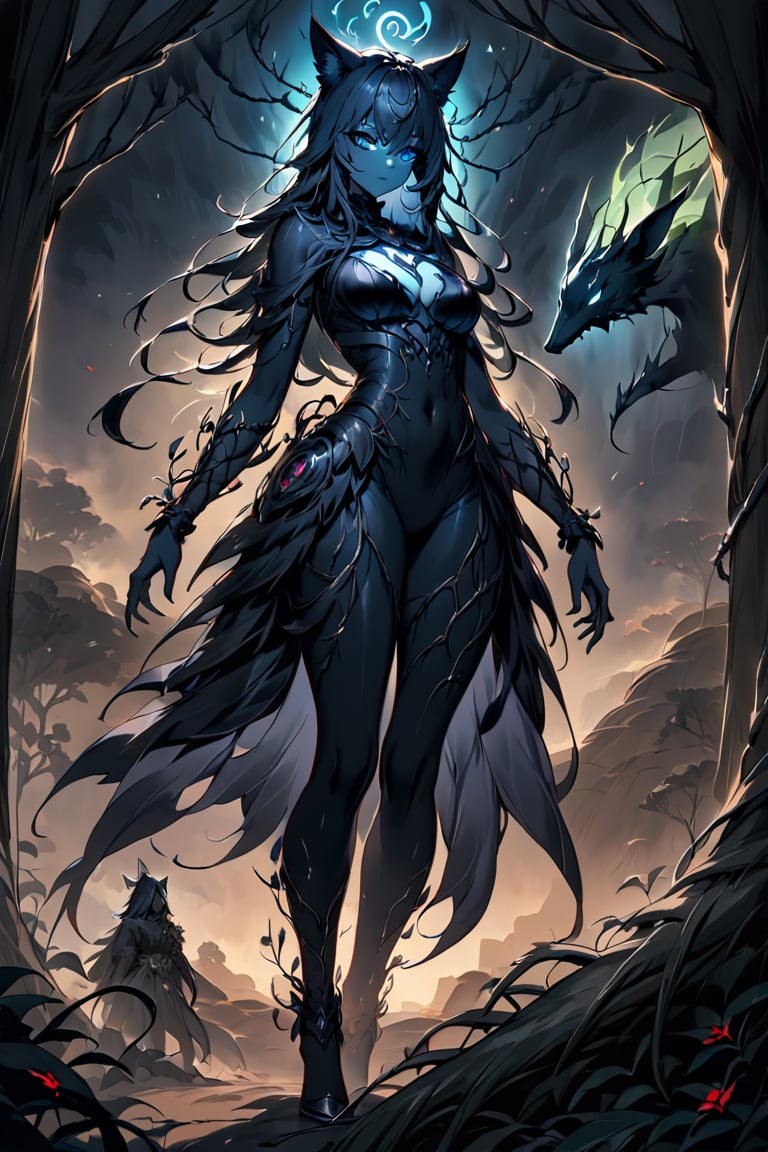 A shadowy figure with a humanoid torso and amalgamated animalistic limbs emerges from an aura of dark mist. Shadowy tendrils writhe around its body like living vines. Eyes aglow with malevolent intent, the being's human-like features are shrouded in darkness. Sorcery-laced shadows swirl around it, amplifying its eerie presence as it moves through a foreboding desert clearing, the only light coming from an otherworldly glow emanating from within.,glowneon