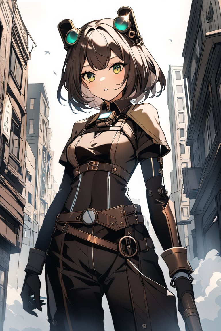 a clouseup shot of a humanoid android girl steam punk style, in a destoyed city., her face and body part are mechanical 