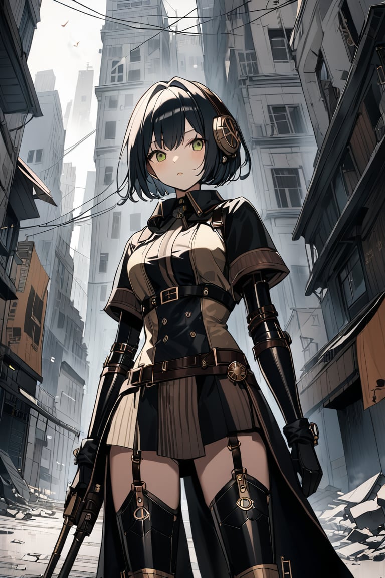 a medium shot of a humanoid android girl steam punk style, in a destoyed city. 