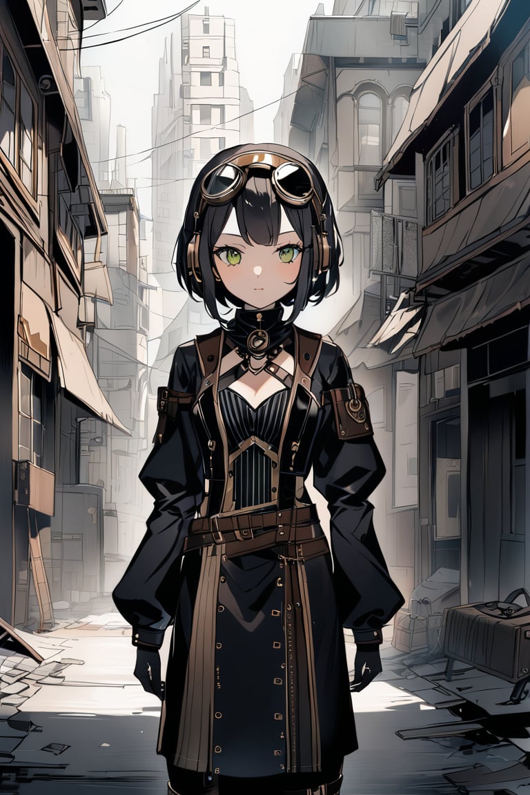 a clouseup shot of a humanoid android girl steam punk style, in a destoyed city. 