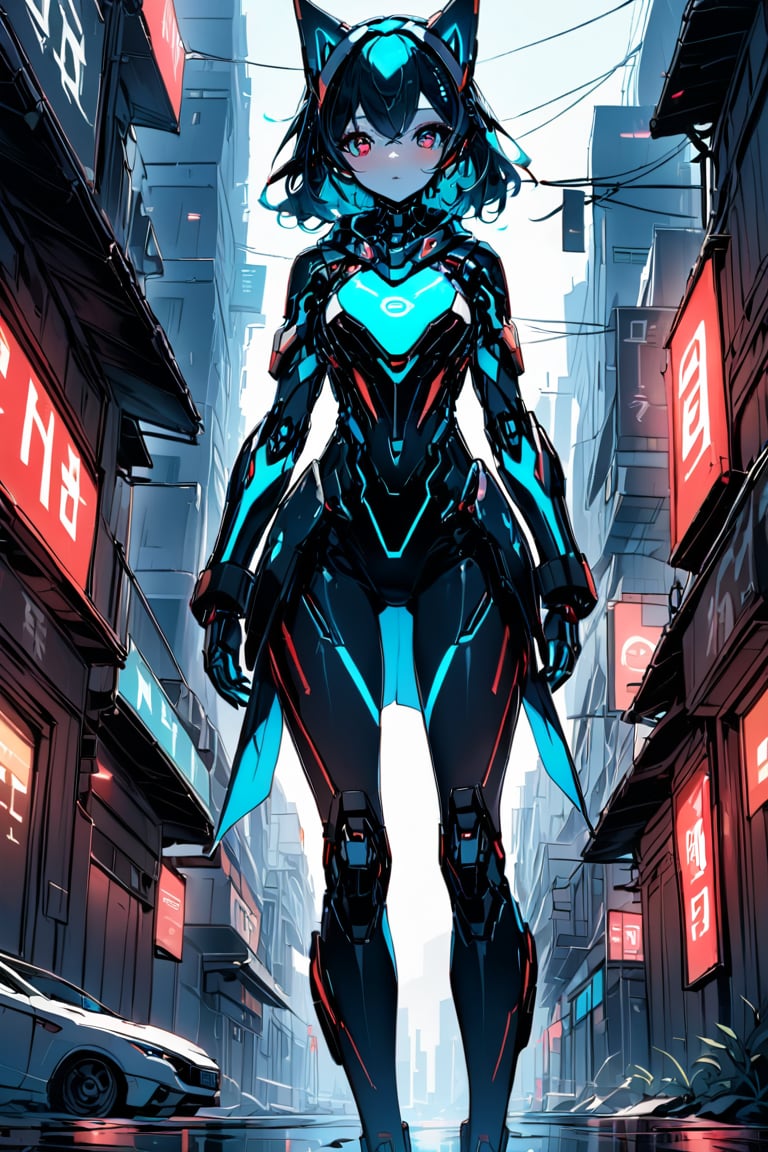 a clouseup shot of a humanoid android girl, in a destoyed city, her face and body part are mechanical, hear hair is red, and her eyes are cyan.