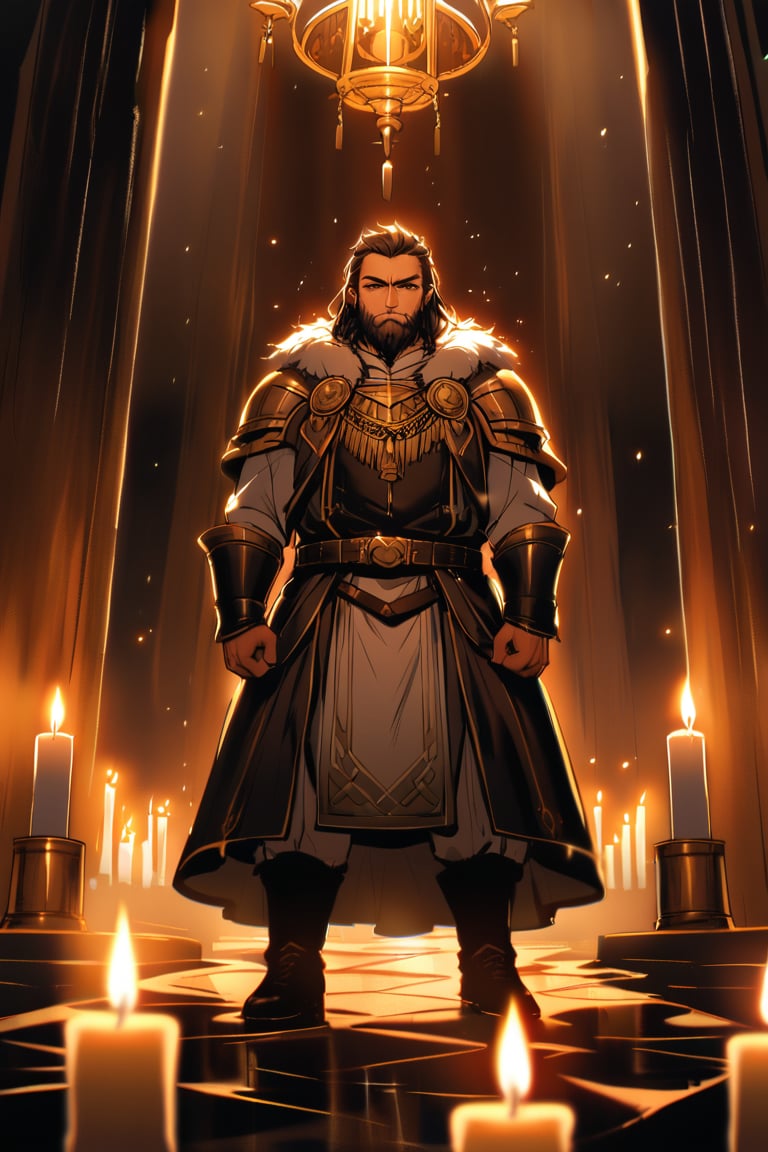 A sturdy dwarf stands triumphantly in a dimly lit tabernacle, his rugged features illuminated by the warm glow of candlelight. His eyes gleam with determination . 

without background. ,glowneon