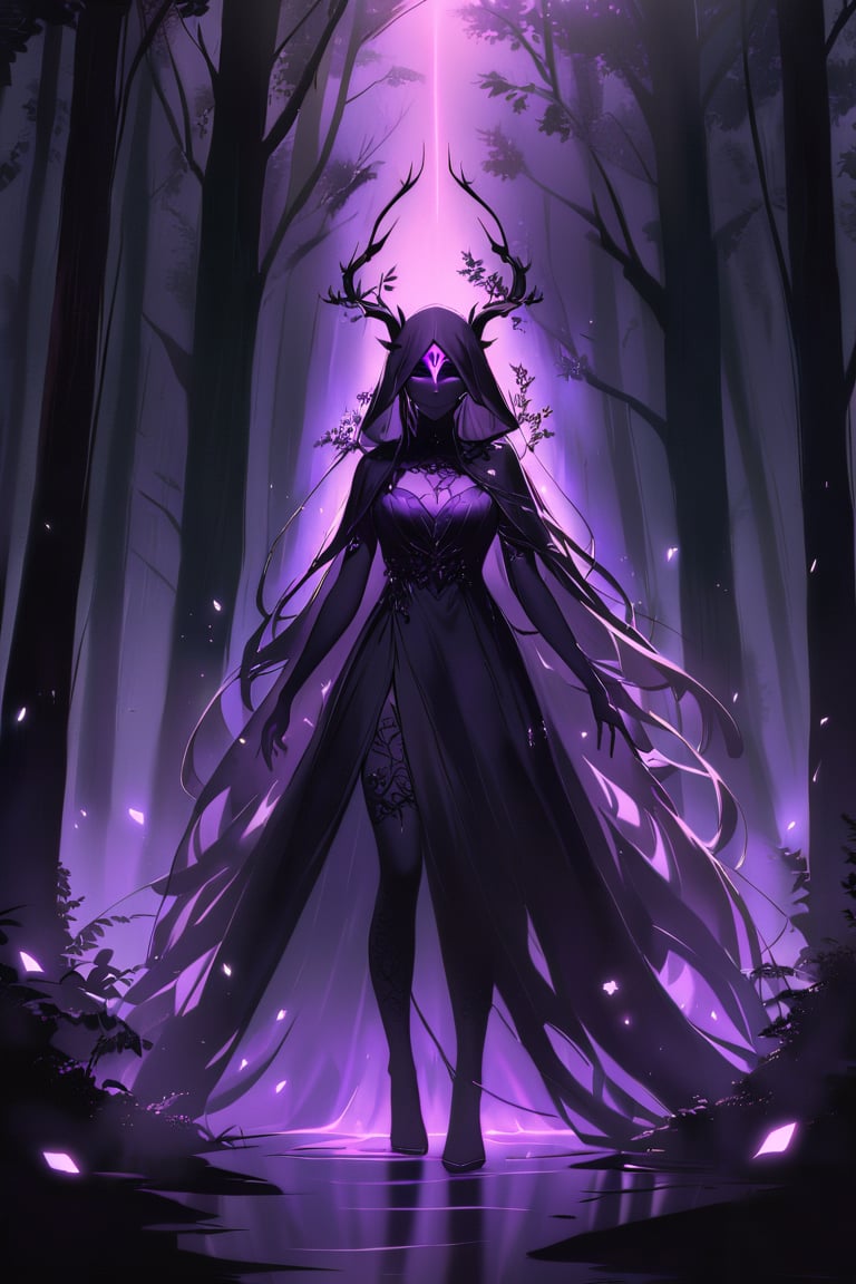 A shadowy figure with a humanoid torso and amalgamated animalistic limbs emerges from an aura of dark mist. Shadowy tendrils writhe around its body like living vines. Eyes aglow with malevolent intent, the being's human-like features are shrouded in darkness. Sorcery-laced shadows swirl around it, amplifying its eerie presence as it moves through a foreboding forest clearing, the only light coming from an otherworldly glow emanating from within.,glowneon