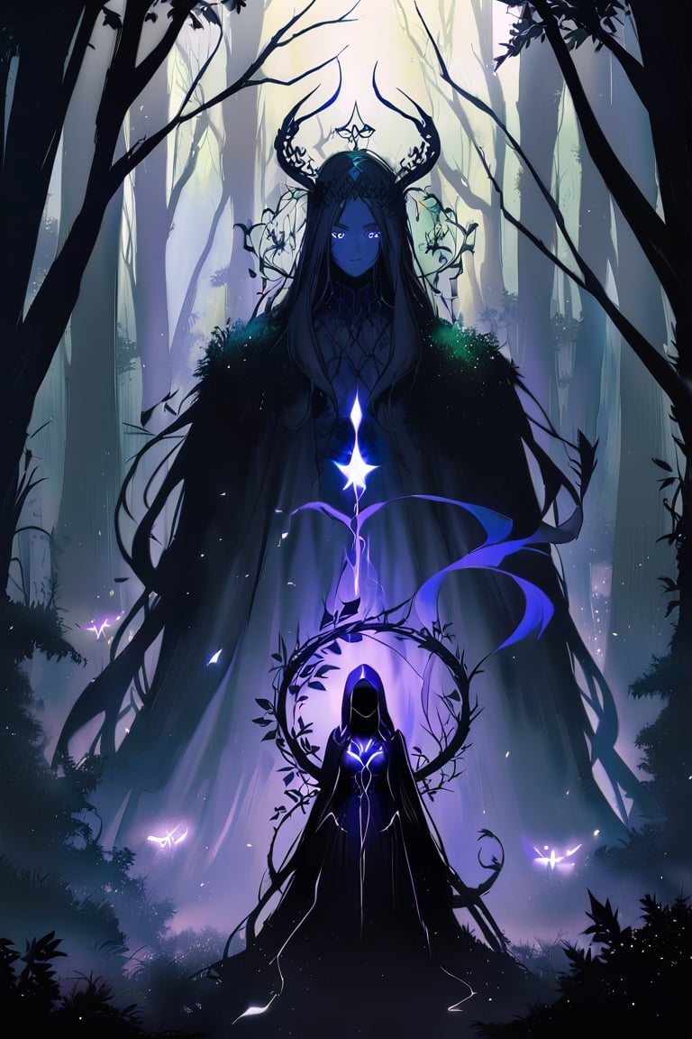 A shadowy figure with a humanoid torso and amalgamated animalistic limbs emerges from an aura of dark mist. Shadowy tendrils writhe around its body like living vines. Eyes aglow with malevolent intent, the being's human-like features are shrouded in darkness. Sorcery-laced shadows swirl around it, amplifying its eerie presence as it moves through a foreboding forest clearing, the only light coming from an otherworldly glow emanating from within.,glowneon