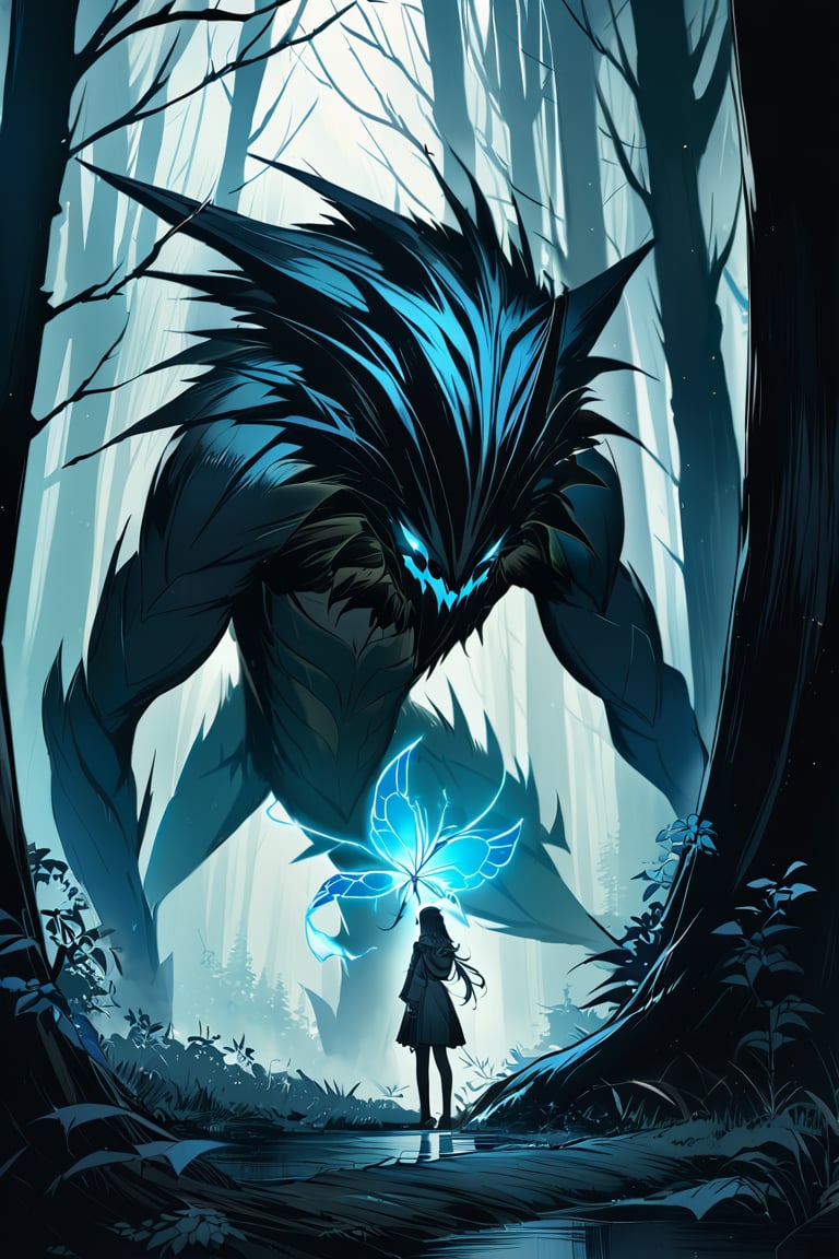 A darkly lit forest clearing, misty fog swirling at the base of towering trees. Arachnea, a girl-monster with eight long legs and razor-sharp claws, crouches low to the ground, her eyes glowing like lanterns in the dim light. Her spindly arms wrap around a gnarled tree trunk as she surveys her surroundings, the silence broken only by the soft rustling of leaves.