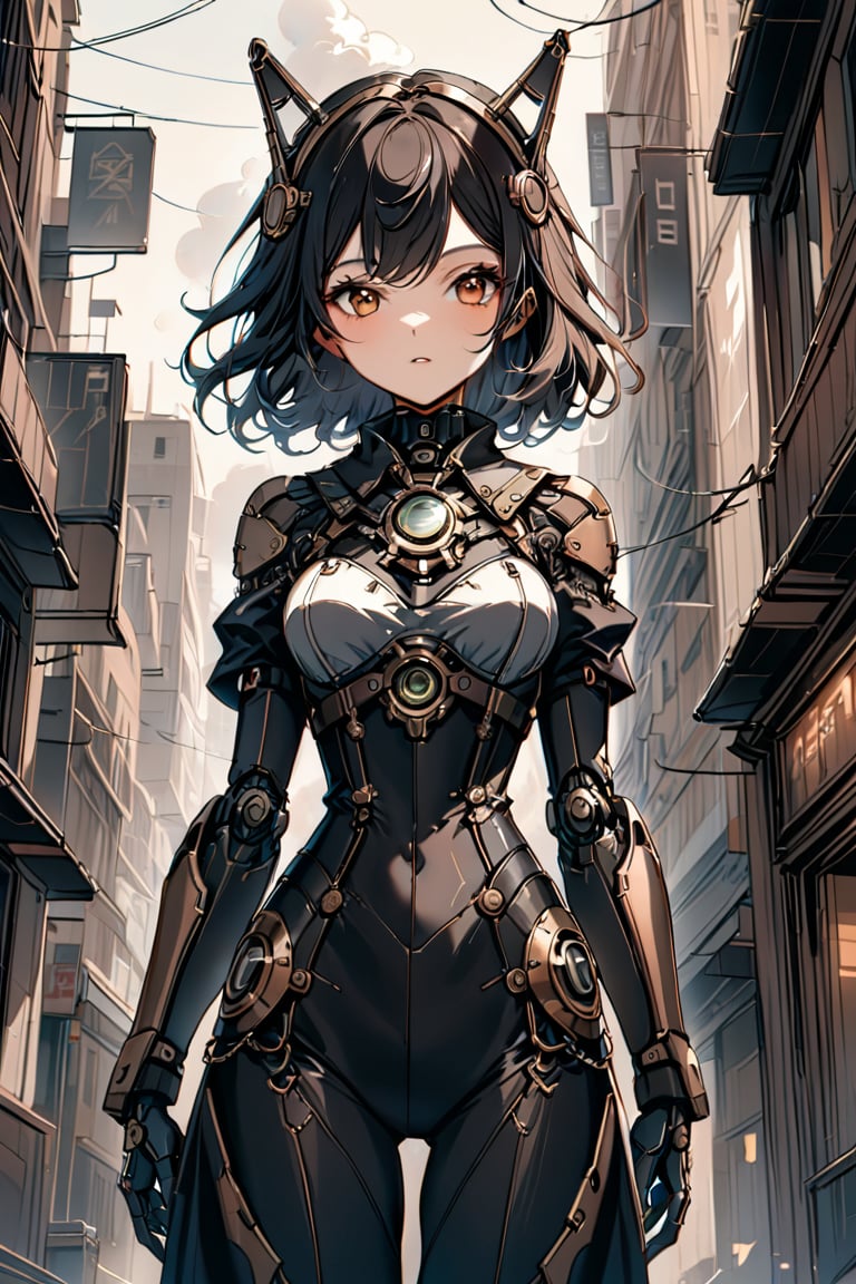 a clouseup shot of a humanoid android girl steam punk style, in a destoyed city, her face and body part are mechanical. 