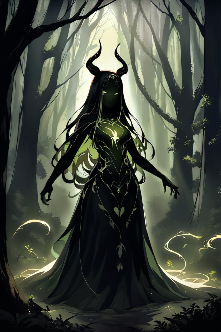 A shadowy figure with a humanoid torso and amalgamated animalistic limbs emerges from an aura of dark mist. Shadowy tendrils writhe around its body like living vines. Eyes aglow with malevolent intent, the being's human-like features are shrouded in darkness. Sorcery-laced shadows swirl around it, amplifying its eerie presence as it moves through a foreboding forest clearing, the only light coming from an otherworldly glow emanating from within.