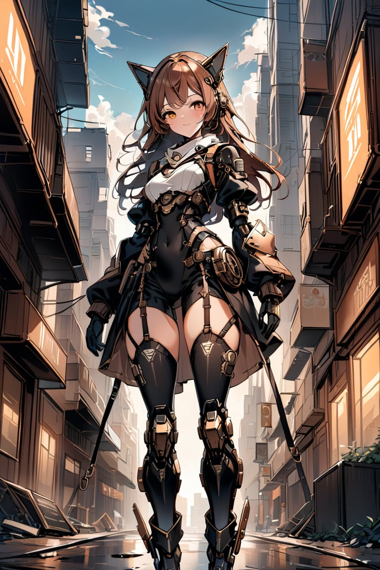 a clouseup shot of a humanoid android girl steam punk style, in a destoyed city, her face and body part are mechanical. 