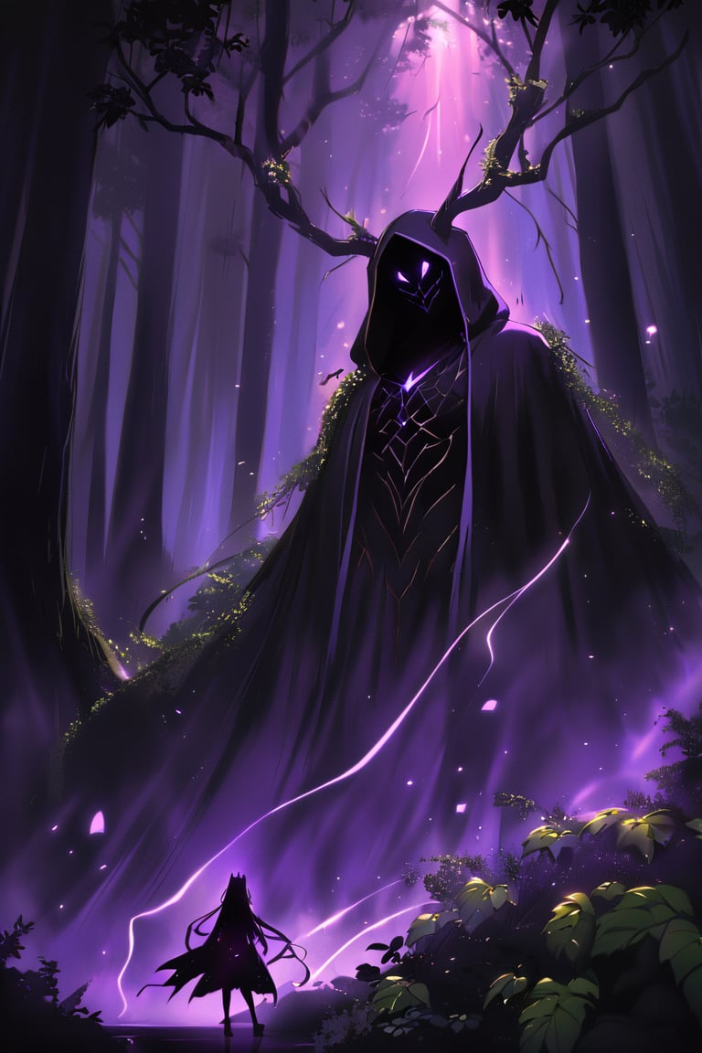 A shadowy figure with a humanoid torso and amalgamated animalistic limbs emerges from an aura of dark mist. Shadowy tendrils writhe around its body like living vines. Eyes aglow with malevolent intent, the being's human-like features are shrouded in darkness. Sorcery-laced shadows swirl around it, amplifying its eerie presence as it moves through a foreboding forest clearing, the only light coming from an otherworldly glow emanating from within.,glowneon