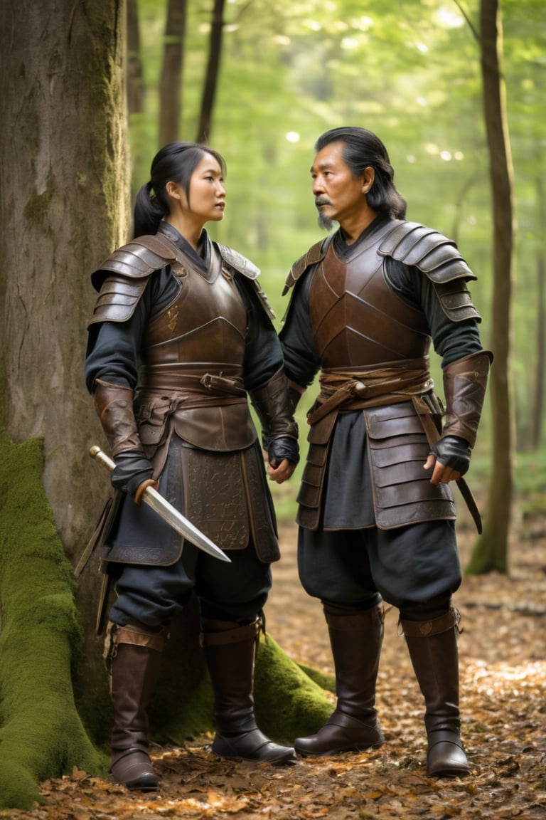 A serene forest glade, dappled sunlight filtering through the canopy above, casts a warm glow on the tender moment unfolding before us. A pretty, lean, agile Asian ninja female, her slender physique rippling beneath her attire, stands at attention beside her elder companion, their hands clasped together in a symbol of unity and trust. The older ninja's gentle features are softened by age, his worn leather armor a testament to years of service. The atmosphere is tranquil, the only sound the soft rustling of leaves and the whispered secrets shared between these two seasoned warriors.