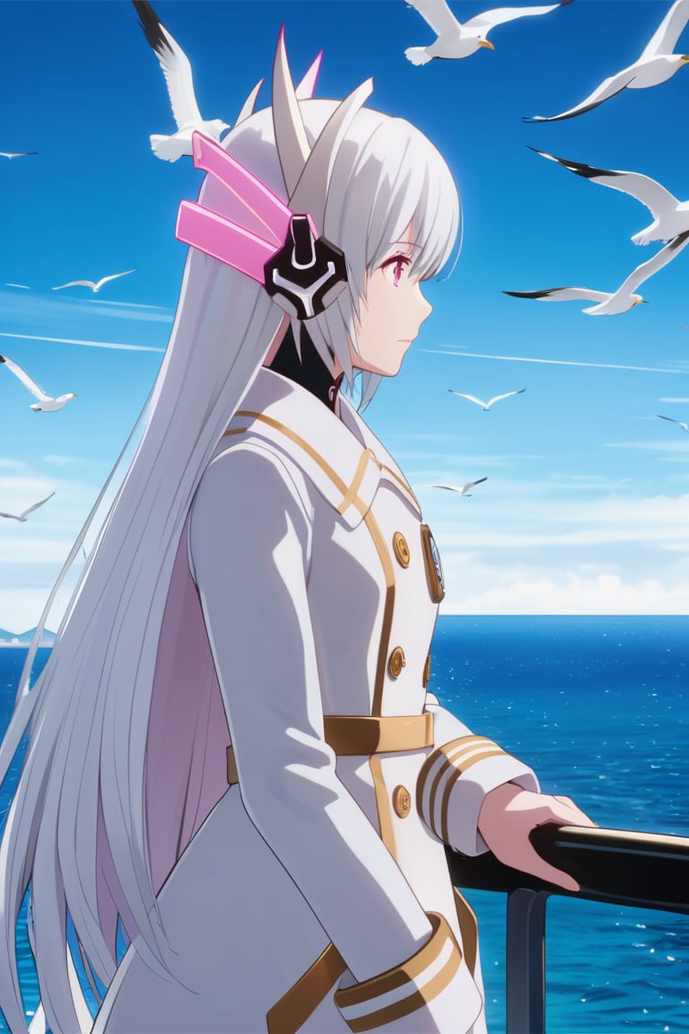 Generate an anime-style illustration of a cruise ship navigating the ocean. From a low angle perspective, a young girl in a pristine white dress leans against the ship's railing on the deck. Her gaze is towards the horizon, her expression serene. Above her, seagulls glide gracefully across a vivid blue sky. The scene is bathed in a warm, soft light, emphasizing the dynamic between the girl's white attire and the contrasting blues of the sky and sea. The composition captures the tranquil yet adventurous spirit of the maritime journey.white hair,pink eyes,headgear,long hair,white coat,pov