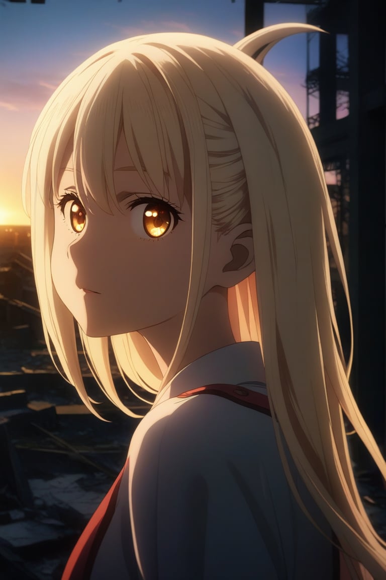 masterpiece,bestquality,
nishikigi chisato,1girl,solo,messy hair,hair flowing in the wind,blonde hair,very long hair,beautiful detail eyes,jewel eyes,glowing circle pupils,golden eyes,good lighting,ray tracing,sparkling,
abandoned building,on ruins,staring at sunset at dusk,depth of field,profile,(looking at viewer:1.3),