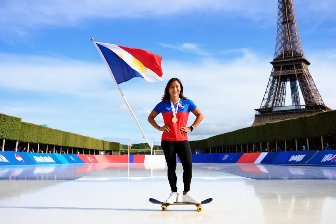 A Filipino female skate athlete proudly stands in skating stadium's, the Philippine flag draped behind her. The iconic Eiffel Tower in the background, "PARIS 2024" text and Philippine flag emblem, she embodies national pride and athletic spirit.