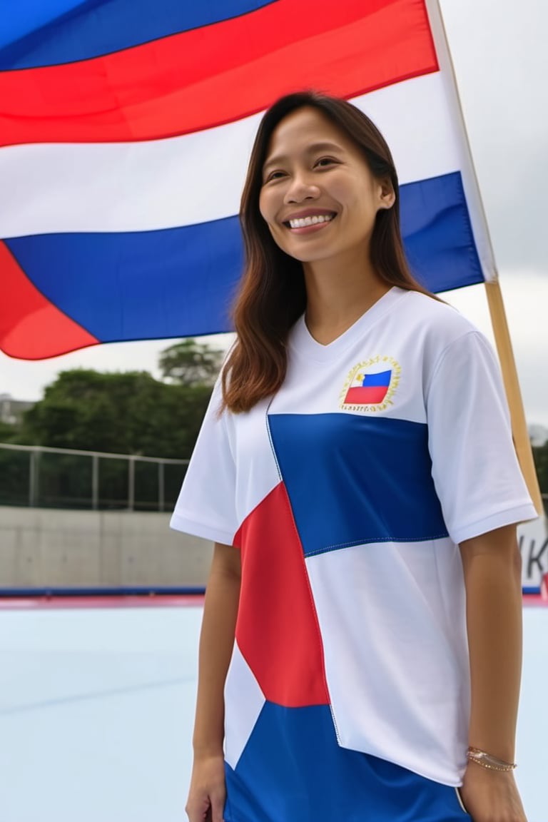 A Filipino female skate athlete proudly stands in skating stadium's, the Philippine flag draped behind her. The iconic Eiffel Tower in the background, "PARIS 2024" text and Philippine flag emblem, she embodies national pride and athletic spirit.