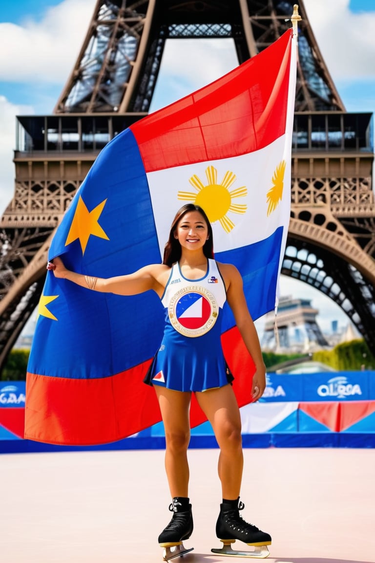 A Filipino female skate athlete proudly stands in skating stadium's, the Philippine flag draped behind her. The iconic Eiffel Tower in the background, "PARIS 2024" text and Philippine flag emblem, she embodies national pride and athletic spirit.