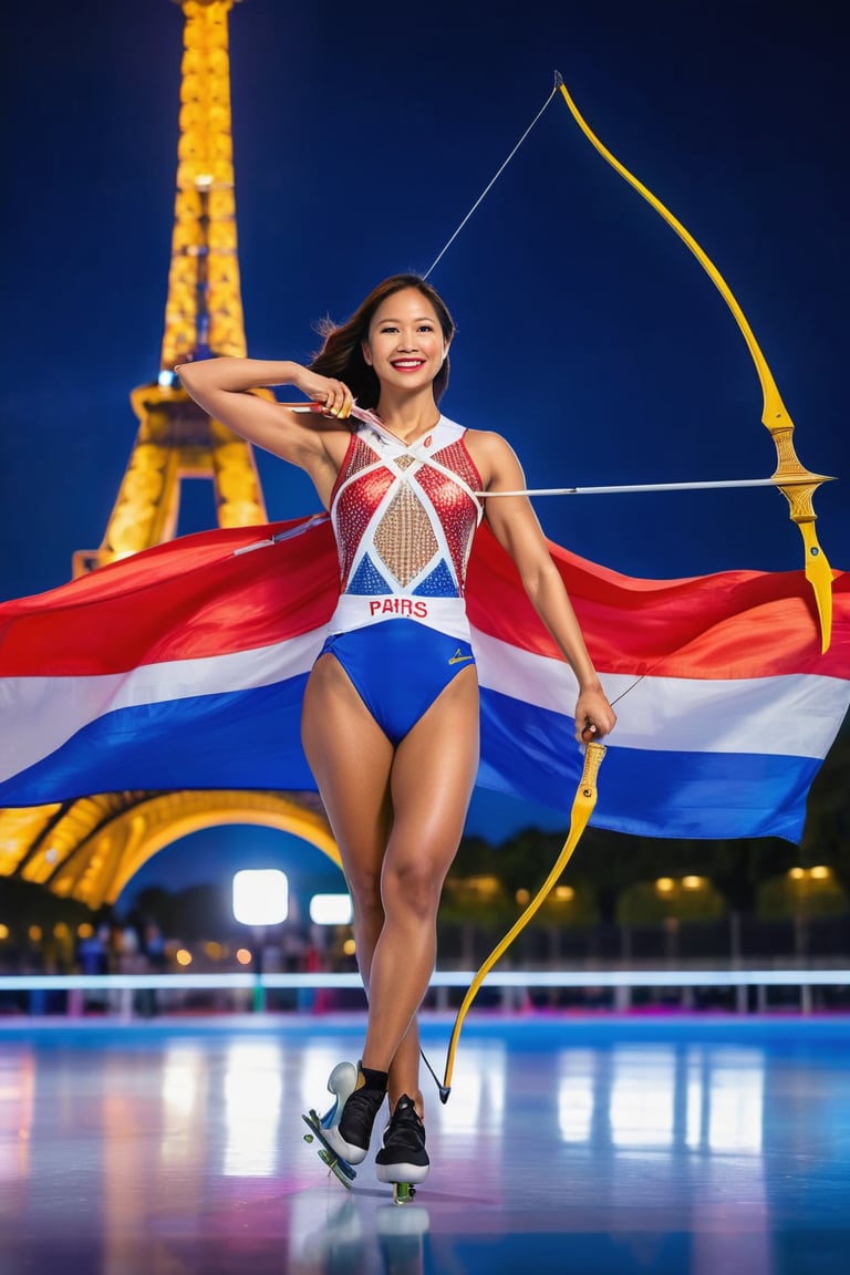 A Filipino female archer stands tall in a sleek, modern skating stadium, her strong physique and confident pose radiating national pride. She holds her bow and arrow with precision, the iconic Eiffel Tower soaring majestically into the background, its iron latticework gleaming under the bright lights. The words 'PARIS 2024' emblazoned on a giant screen above, while the Philippine flag emblem proudly flapping in the wind, as she embodies the spirit of her country and the thrill of athletic competition.