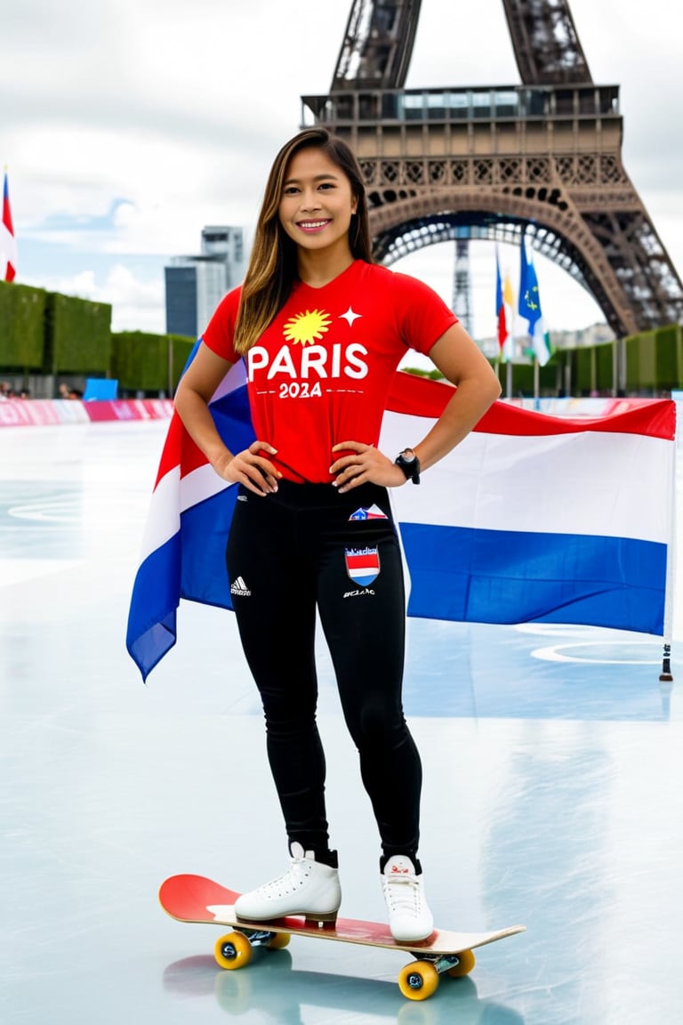 A Filipino female skate athlete proudly stands in skating stadium's, the Philippine flag draped behind her. The iconic Eiffel Tower in the background, "PARIS 2024" text and Philippine flag emblem, she embodies national pride and athletic spirit.