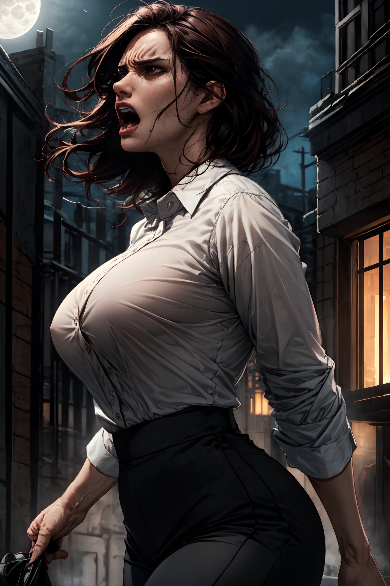 a highly detailed and realistic cinematic scene of an attractive fully clothed woman wearing a feminine comfortable style outfit caught off guard by sudden uncontrollable intense pain, screaming for help, high detail, realism, modern business attire, looking moonlight in distance, detailed environment, blender, angry rage screaming, acting violent, wide spread posture, painful posture, movement, angled side view, 4k, 8k, attractive feminine body