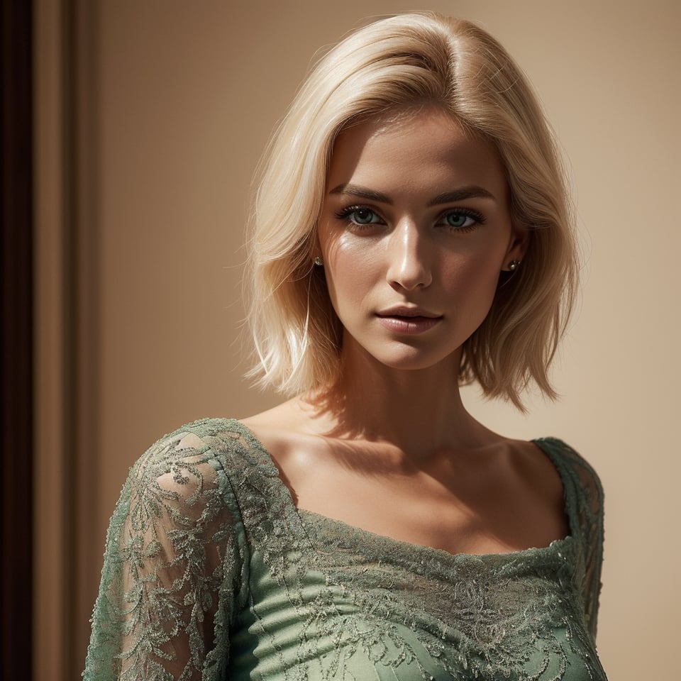 A beautiful chic women wearing green dress, subtle makeup, platinum blonde hair, confident pose, realism and full body, photorealistic, ,Extremely Realistic,(PnMakeEnh),
masterpiece, high quality realistic, aesthetic photo, pore and detailed, intricate detailed, graceful and beautiful textures, RAW photo, 16K