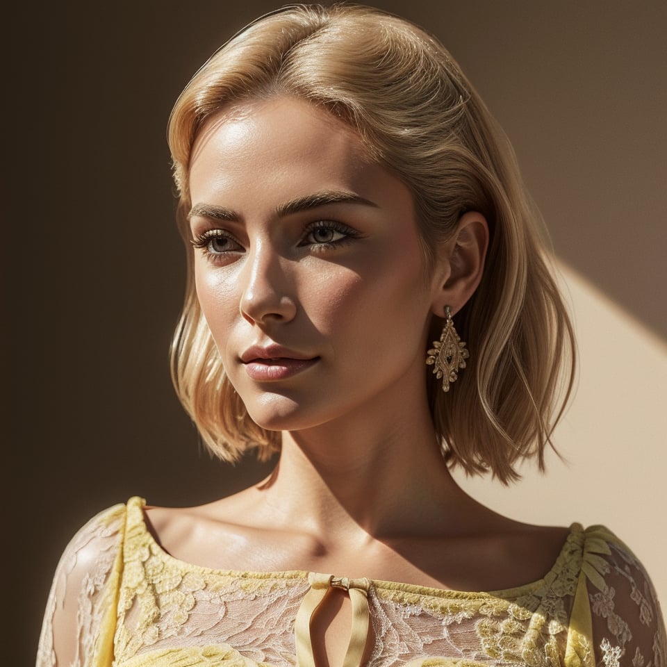 A beautiful chic women wearing yellow dress, subtle makeup, platinum blonde hair, confident pose, realism and full body, photorealistic, ,Extremely Realistic,(PnMakeEnh),
masterpiece, high quality realistic, aesthetic photo, pore and detailed, intricate detailed, graceful and beautiful textures, RAW photo, 16K,Technology