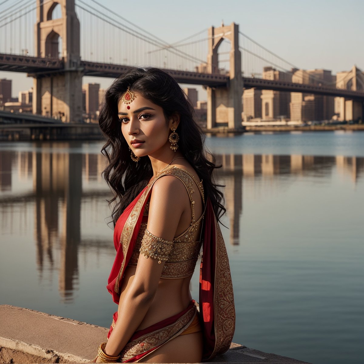 A beautiful Indian women, bright makeup, black long hair, confident pose, realism, full body pose, photorealistic, ,Extremely Realistic,(PnMakeEnh),
masterpiece, high quality realistic, aesthetic photo, pore and detailed, intricate detailed, graceful and beautiful textures, RAW photo, 16K, change location everytime, dressed red, standing_bridge, detailed_backgroun, complex_background