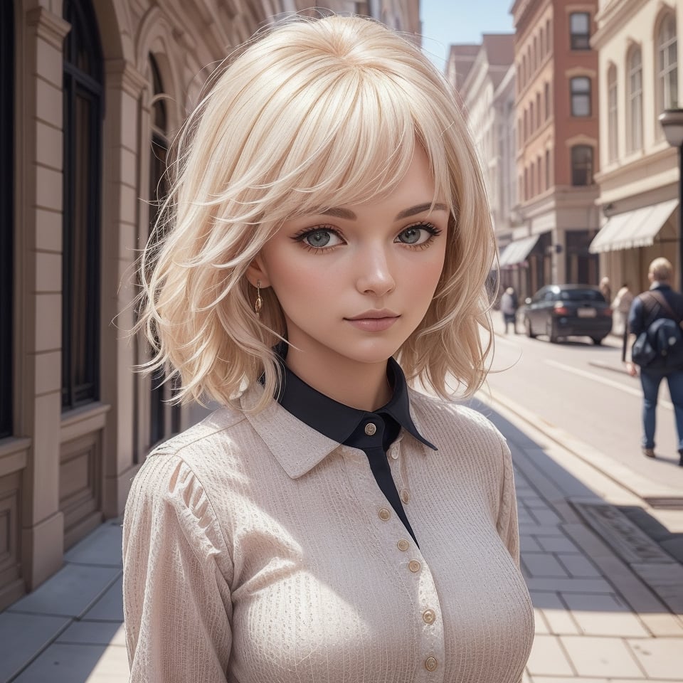 A beautiful chic women, subtle makeup, platinum blonde hair, confident pose, realism and full body,photorealistic, ,Extremely Realistic,(PnMakeEnh),
masterpiece, high quality realistic, aesthetic photo, pore and detailed, intricate detailed, graceful and beautiful textures, RAW photo, 16K, juicy lips, (collared shirt), full body, walking on street 