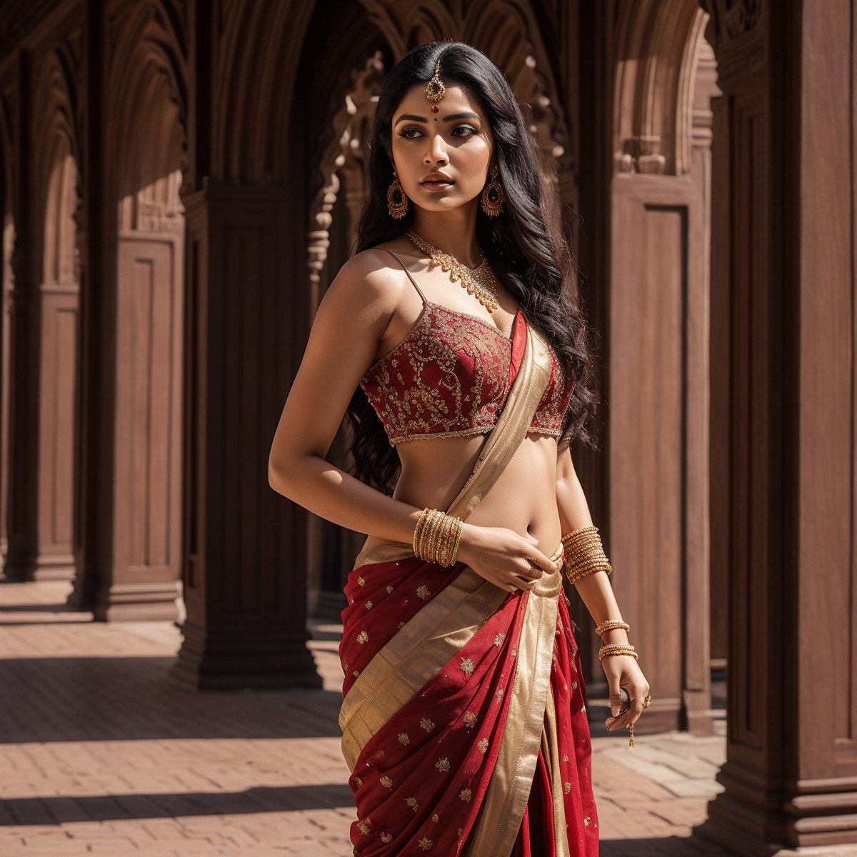 A beautiful Indian women, makeup, black long hair, confident pose, realism, full body posing, photorealistic, ,Extremely Realistic,(PnMakeEnh),
masterpiece, high quality realistic, aesthetic photo, pore and detailed, intricate detailed, graceful and beautiful textures, RAW photo, 16K, change location everytime, dressed red, standing_bridge, detailed_backgroun, complex_background