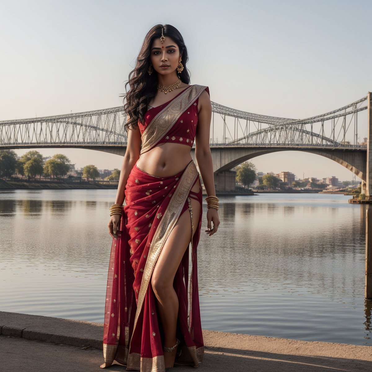 A beautiful Indian women, bright makeup, black long hair, confident pose, realism, full body pose, photorealistic, ,Extremely Realistic,(PnMakeEnh),
masterpiece, high quality realistic, aesthetic photo, pore and detailed, intricate detailed, graceful and beautiful textures, RAW photo, 16K, change location everytime, dressed red, standing_bridge, detailed_backgroun, complex_background