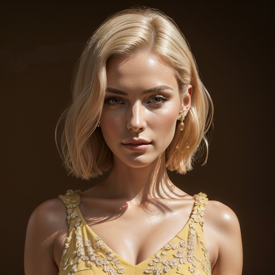 A beautiful chic women wearing yellow dress, subtle makeup, platinum blonde hair, confident pose, realism and full body, photorealistic, ,Extremely Realistic,(PnMakeEnh),
masterpiece, high quality realistic, aesthetic photo, pore and detailed, intricate detailed, graceful and beautiful textures, RAW photo, 16K,Technology