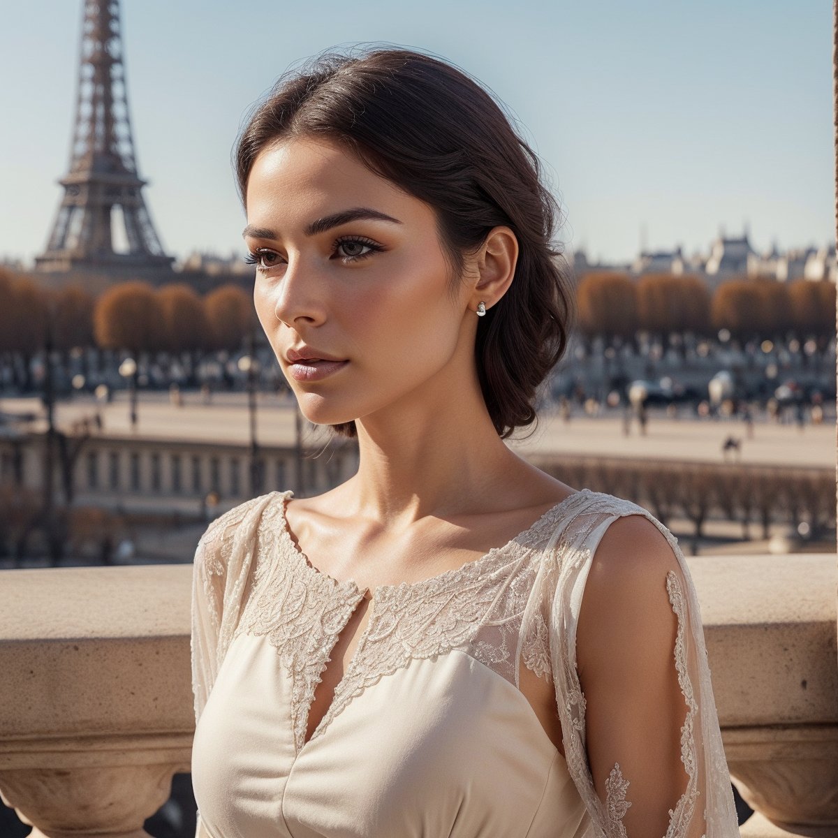 A beautiful chic women, subtle makeup, blach hair, confident pose, realism, full body,photorealistic, Extremely Realistic,(PnMakeEnh),
masterpiece, high quality realistic, aesthetic photo, pore and detailed, intricate detailed, graceful and beautiful textures, RAW photo, 16K, change location everytime, wearing American dress, in background there is paris 