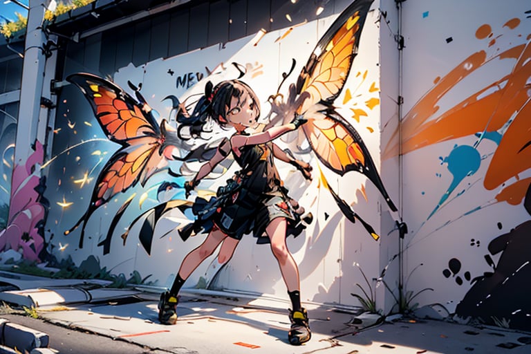 (A girl takes a spray paint can and paints everywhere), Dynamic, firefliesfireflies, graffiti wall