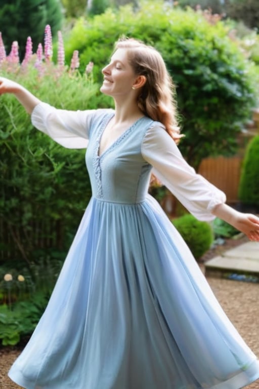 18 year girl clad in deep neck frock , dancing in garden 