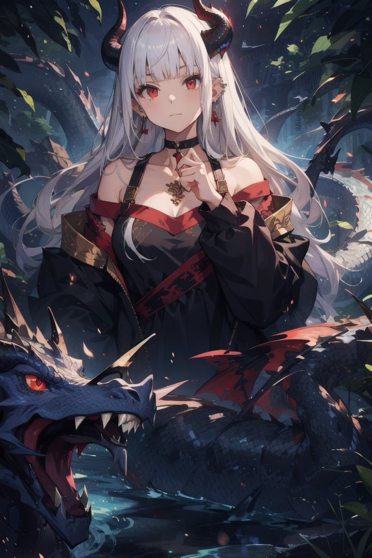 1girl, solo, long hair, looking at viewer, bangs, red eyes, bare shoulders, jewelry, closed mouth, upper body, white hair, earrings, horns, choker, looking back, blunt bangs, off shoulder, black choker, piercing, ear piercing, dragon horns, dragon, eastern dragon