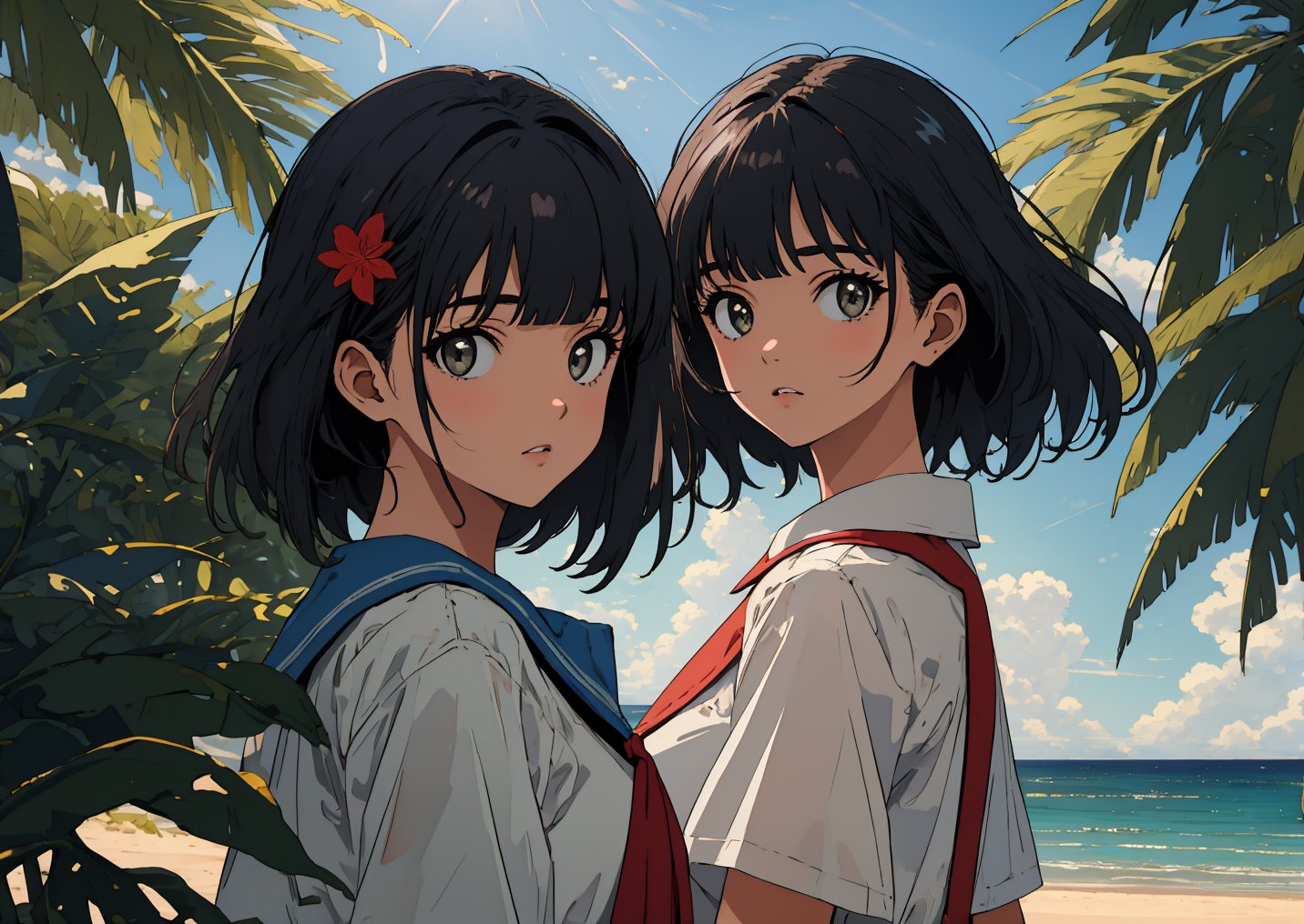 (best quality, masterpiece, highres),extremely detailed,1girl,solo,blunt bangs,black hair,looking at viewer,wind,sunlight,summer,summer uniform,beach,backlighting,