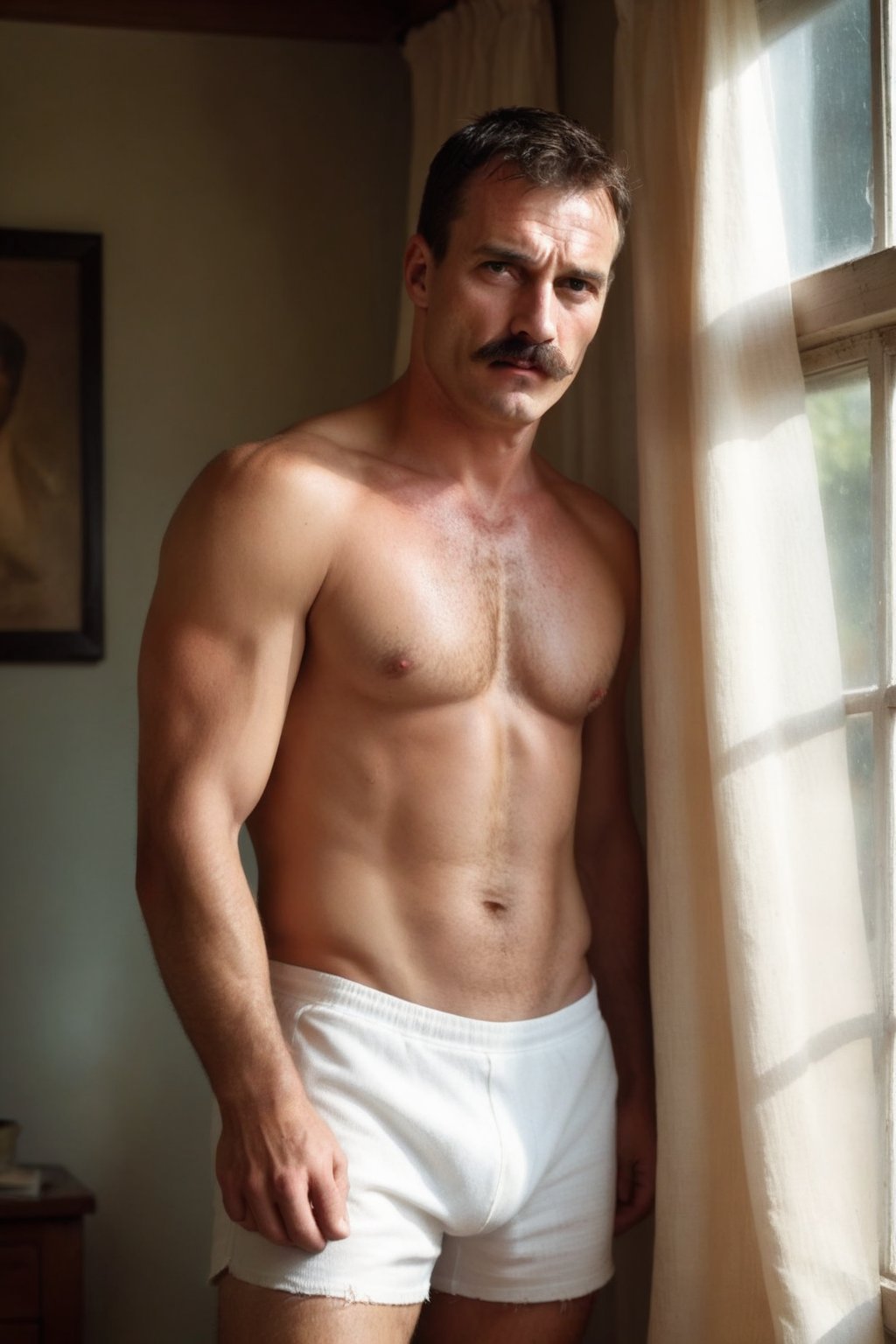 A mature daddy man in front of a window, with parts of a curtain shown on his sides. He looks straight ahead and has penetrating eyes. He has a silly mustache. He only wears short white shorts, showcasing his toned legs and athletic physique. His chest is broad and well-defined, with a subtle sheen of sweat on his skin. His hair is dark and messy, with a few strands falling across his forehead. He has a strong jawline and a small scar above his left eyebrow, adding a touch of ruggedness to his features. He stands with his weight shifted onto one leg, with his right hand resting on the windowsill and his left hand hanging loose by his side. The curtain, a faded blue and white stripe, is partially drawn, casting a warm, golden light on the man's face and accentuating the shadows on his body. The window frame is old and worn, with a few scratches and scuffs on the wood. The nostalgic and melancholic atmosphere makes the light dim and diffuse, with a subtle grain and texture reminiscent of Kodak film and film noise. The overall mood is one of quiet contemplation, as if the man is lost in thought,hairy,Cinematic Vintage Hollywood Film Style