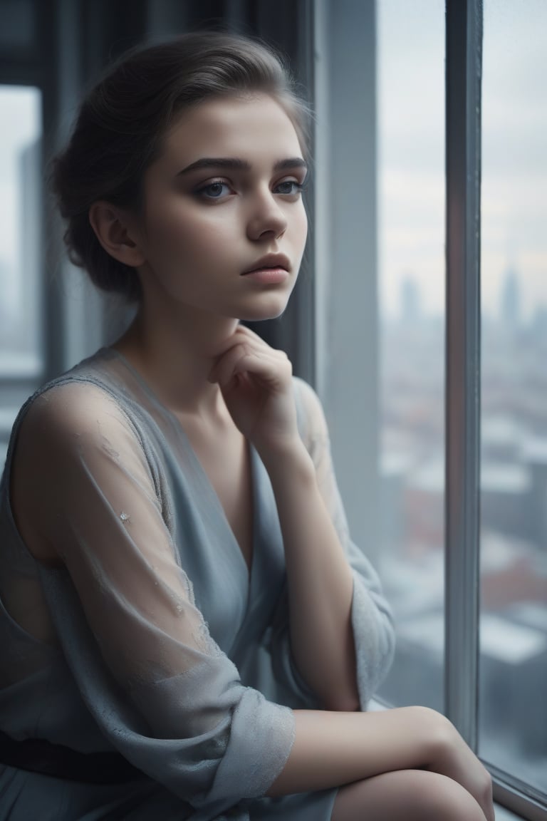 image in cold tones of a young beautiful woman sitting in a cafe, next to a window contemplating the city. seen elegant, sensual, and revealing clothes