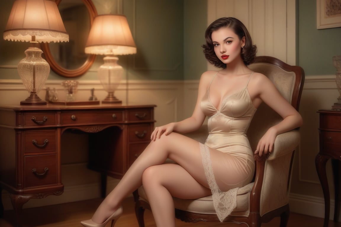 A beautiful young woman in a vintage setting, posing flirtatiously and boldly in her home. She is wearing elegant, transparent, sexy and revealing clothing that captures a retro style. The outfit might include a fitted dress with lace or silk details, high heels, and vintage accessories. She stands or sits in a tastefully decorated room with vintage furniture and decor, such as a classic armchair, a wooden vanity, and antique lamps. The lighting is soft and warm, creating a nostalgic and intimate atmosphere,ruanyi0633,Defender,girl
